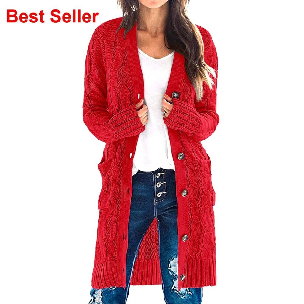 Long Sleeve Cable Knit Cardigan Sweater, Open Front Button, Knee Length